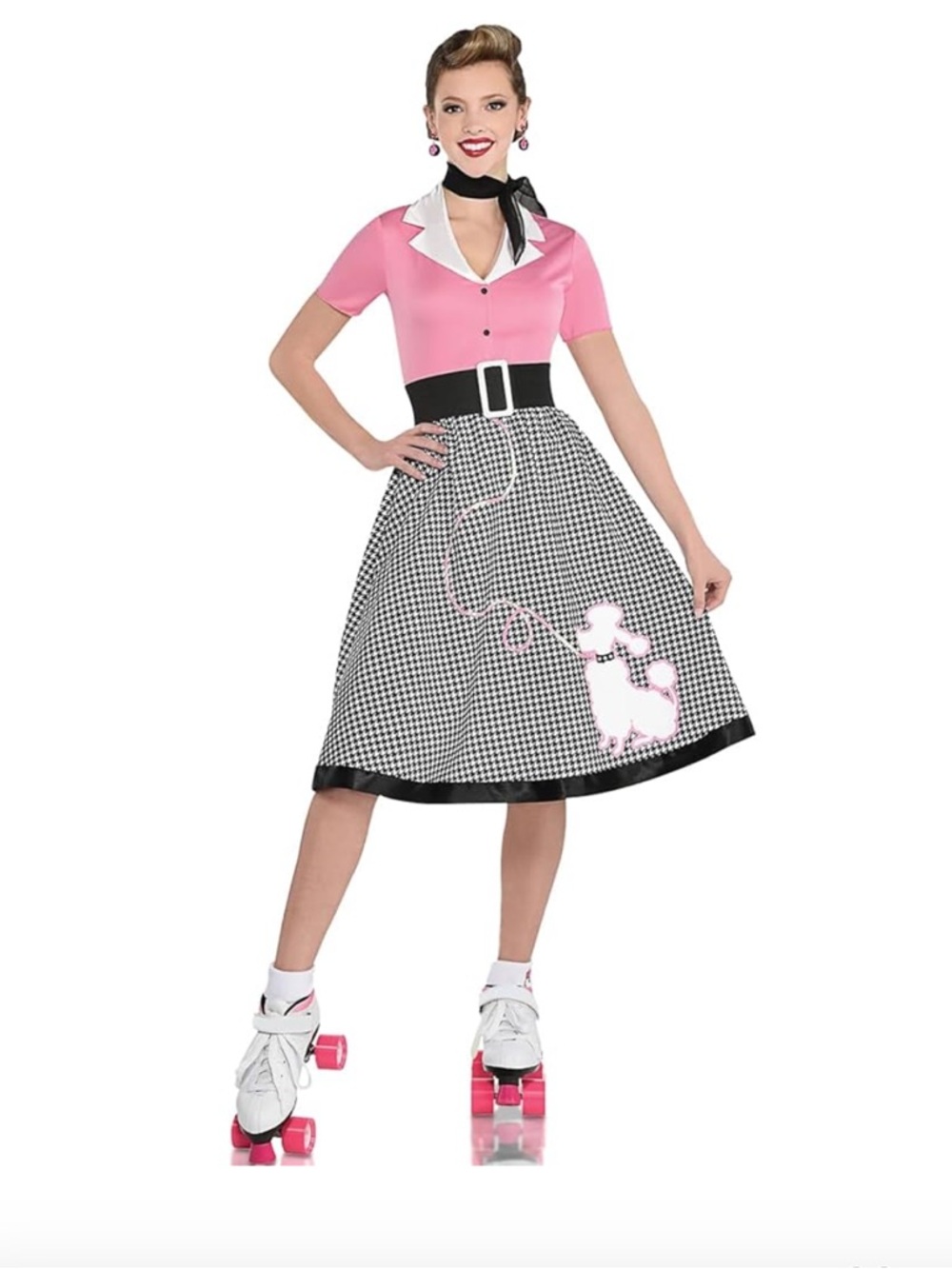 Pink Poodle Circle Skirt Dress with Black Trim - Women's Retro Skater